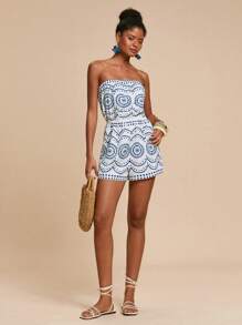 Travachic 女式蓝白印花抹胸连体裤，女士度假装，女士度假装，海滩度假装，女士夏季装，女士连体裤 - 藍白色 - 查看 3