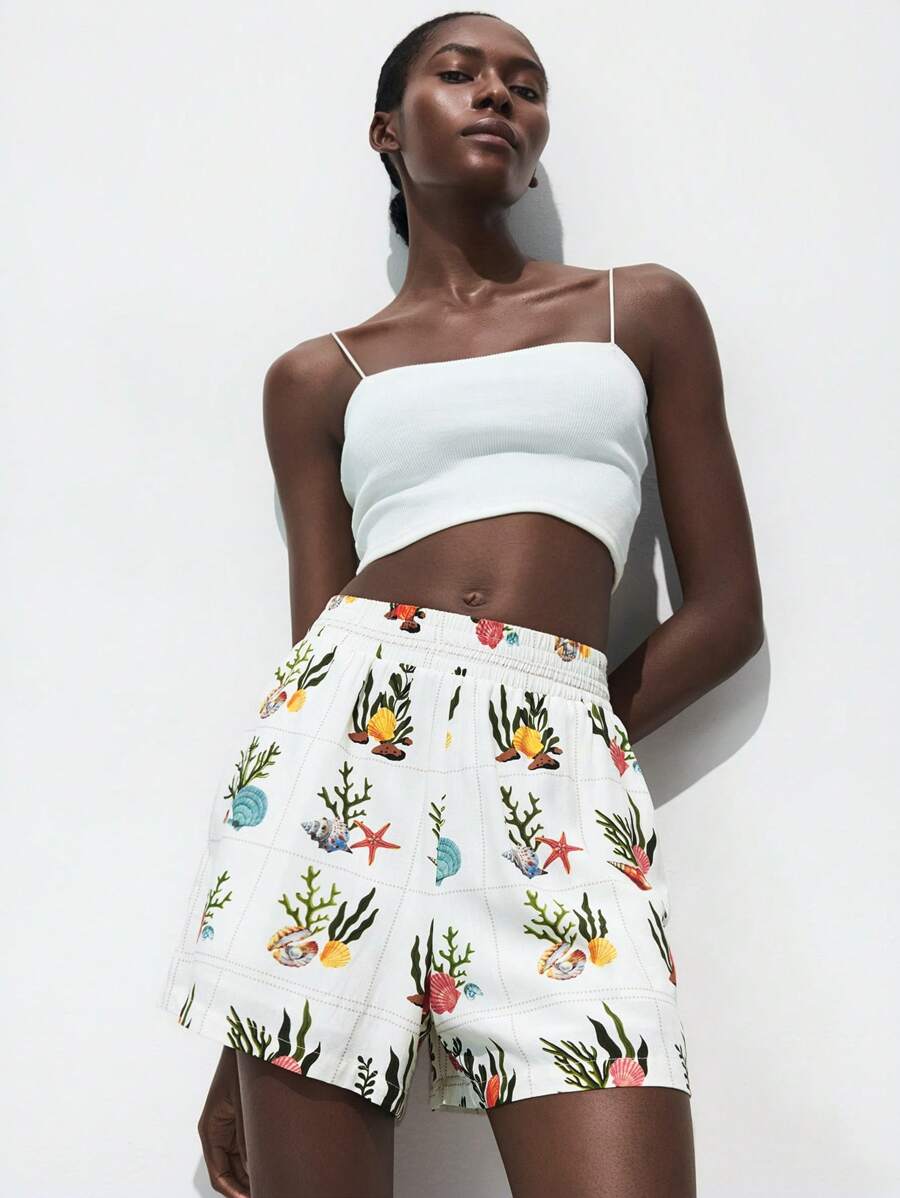 Maija Damen Muschel Muster Shorts mit elastischem Bund und weitem Bein - Grün - Übersicht 1