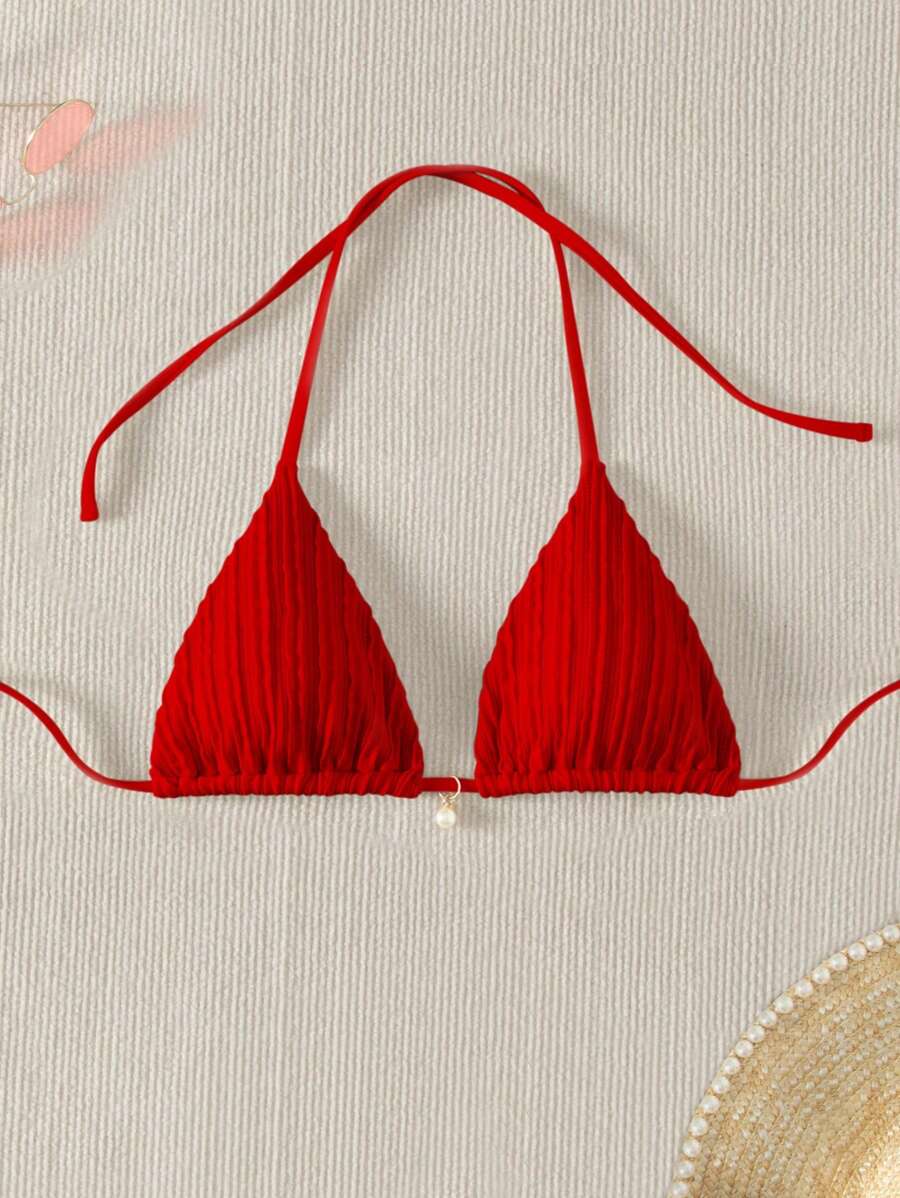 SHEIN Swim 度假海灘純色紋理掛脖紅色比基尼泳衣上衣 夏季款 - 紅色 - 查看 1
