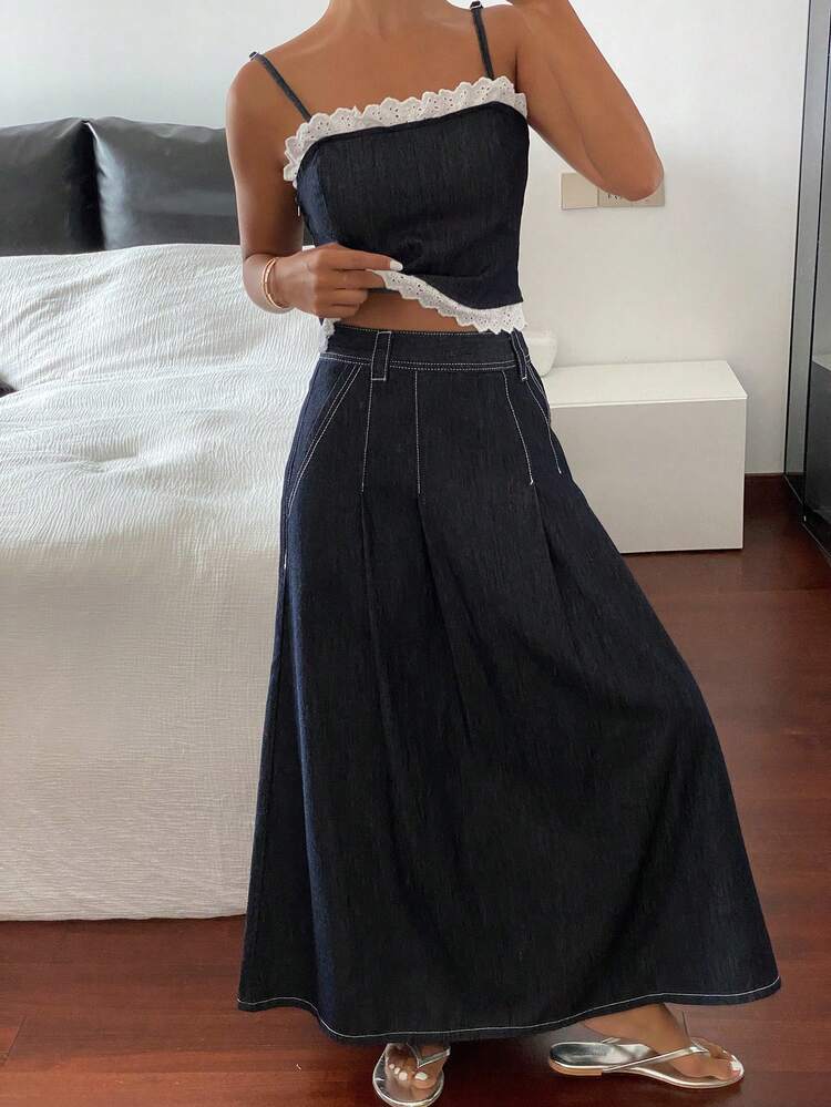 Contrast Lace Form-Fitting Spaghetti Strap A-Line Skirt Set, Casual Resort Wear Summer Ladies Denim Outfit Cruise Outfit For Women