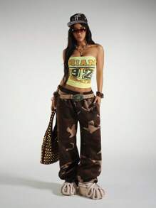 StreetHx Subcultural Letter Print Wrap Chest Crop Top For Women - Yellow - View 1