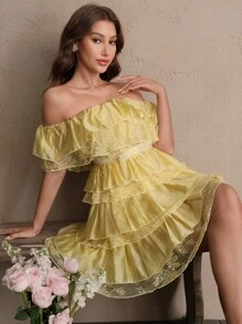 SHEIN Unity Đầm ngắn hở vai cổ xếp nếp ren chắp vá nhún bèo eo đuôi cá thời trang xuân/hè cho nữ - Màu vàng - Xem 4