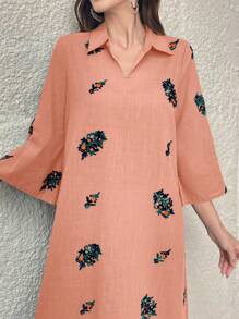 Al Najma Embroidered Collar Long Casual Dress - Orange - View 3