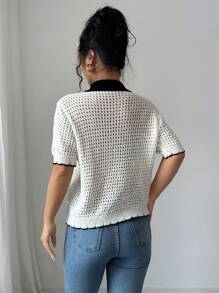 Chiquease French Minimalist Casual Short Sleeve Knitted Cardigan With Polo Collar For Women - Black and White - View 2