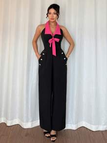 Islaluna Elegant Daily Commute Fitted Sleeveless Halter Neck Bowknot Pink & Black Long Jumpsuit