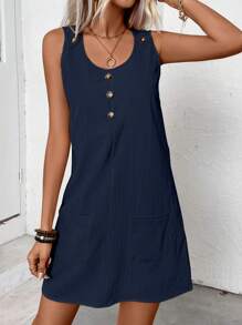 EMERY ROSE Women's Solid Color Button Pocket Casual Sleeveless Dress, Summer - Navy Blue - View 3