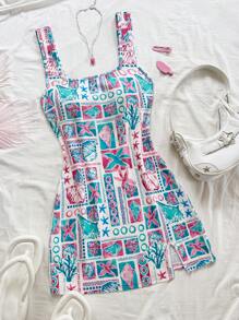 Soleia 度假海星和贝壳印花 V 领露背迷你连衣裙，适合音乐节、波西米亚风、假日、情人节约会和下午茶