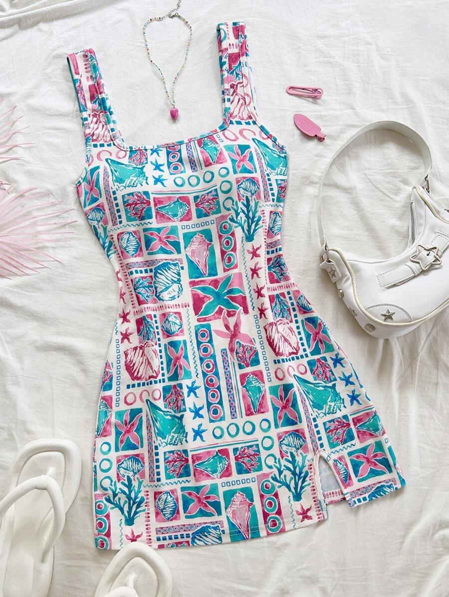 Soleia 度假海星和贝壳印花 V 领露背迷你连衣裙，适合音乐节、波西米亚风、假日、情人节约会和下午茶