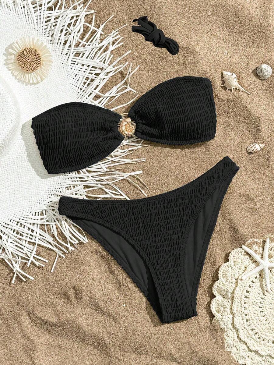 SHEIN Swim Trang phục đi biển cho phụ nữ, Bộ bikini phong cách nghỉ dưỡng màu trơn thanh lịch không dây thường ngày khóa kim loại hình ốc sên, màu đen - màu đen - Xem 1