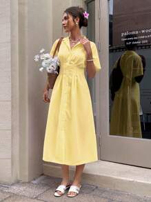 Serisse Women's Summer Striped Bat Sleeve Pleat Casual Shirt Midi Dress New Year - Yellow - View 5