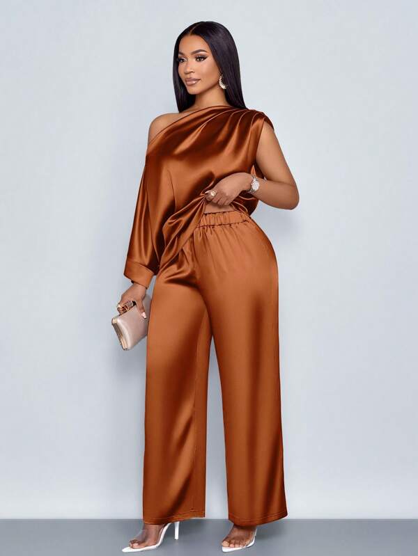 SOLERSUN Conjunto de blusa de satén de mangas tipo murciélago con volantes y cuello asimétrico elegante y sofisticado, y pantalón largo elegante de pierna recta en unicolor para mujer