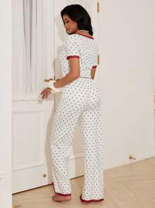 SweetSlumber Conjunto de pijama de punto para mujer con estampado de corazón y aplicación de encaje