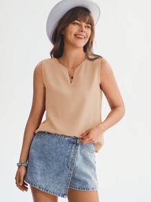 SHEIN LUNE 缺口領無袖襯衫 - 杏色 - 查看 6