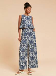 Travachic In Damask Xù Hoa Sen Áo ba lỗ & Quần ống rộng - Màu xanh bụi bặm - Xem 3