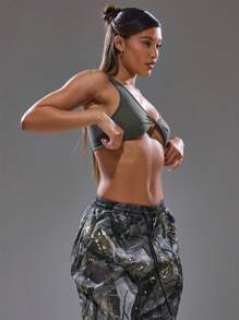 MUSERA Low Scoop Neck Twist Centre Sleeveless Crop Top Spring, Summer, Streetwear, Y2k, Cool Girl,City Muse - Olive Green - View 3