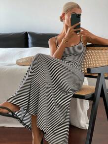 DAZY Women's Casual Striped Mid-Length Slip Dress - Black and White - View 5