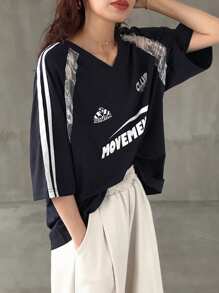 FRIFUL Women's V-Neck Letter Print Lace Splice Contrast Stripe Raglan Sleeve Loose Casual Versatile T-Shirt, Women Beach Wear