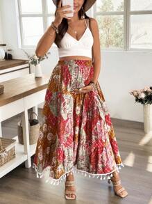 SHEIN Maternity Multilayer Cake Print A-Line Tassel Hem Skirt - Multicolor - View 1