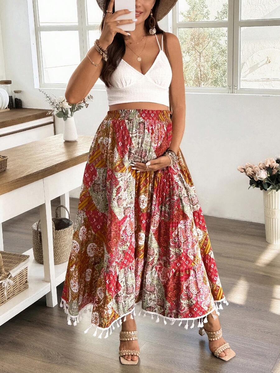 SHEIN Maternity Multilayer Cake Print A-Line Tassel Hem Skirt - Multicolor - View 1