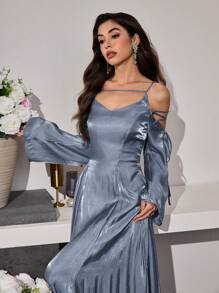 Modelyn 女式优雅长款闪亮丝带系带飘逸连衣裙 - 灰藍色 - 查看 4
