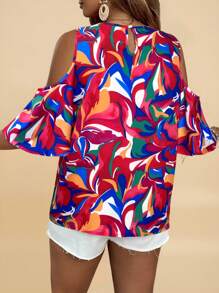 SHEIN VCAY Camisa informal hombros descubiertos con estampado todo sobre para talla grande - Rojo - Ver 2