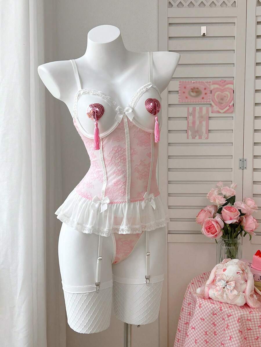 SHEIN 6件套浪漫蕾丝女士性感透明文胸套装 - 彩色 - 查看 1