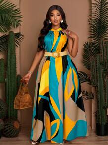 SOLERSUN Váy chữ A không tay in họa tiết rộng rãi, giản dị, không tay, buộc cổ sau, dáng rộng, cỡ lớn, mùa xuân và mùa hè, váy dài đi biển (có túi bên hông) - Màu vàng - Xem 7