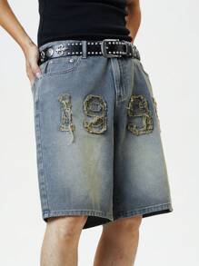 Manfinity Roghcode Plus Size Men's Distressed Number Pocket Loose Casual Denim Shorts