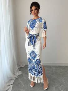 Chiquease Round Neck Side Slit Hem Floral Print Dress For Women - Blue - View 5