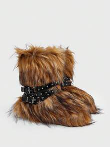 Sugerpunk Women's New Chunky Sole Faux Fur Snow Booties With Rivets, Lace-Up Dark Slim Ankle Boots - Brown - View 2