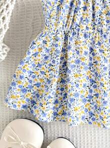 SHEIN 休闲碎花盖袖上衣，适合青春期女孩，时尚百搭，适合日常穿着 - 藍色 - 查看 4