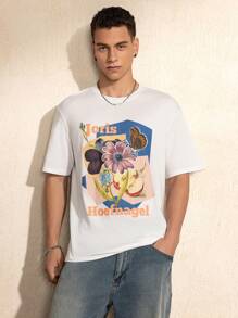 SHEIN Touch of Art Herren Lässig T-Shirt mit kurzen Ärmeln, weiss, mit floralem & Buchstaben Grafik-Muster, Sommer