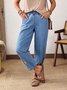 EMERY ROSE Women's Elastic Waist Floral Hollow Out Tapered Jeans - Blue - View 3