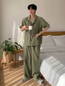 DAZY Printed Embroidered Shirt Men Summer Loungewear Set Pajama - Brown - View 1