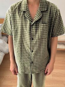 DAZY Printed Embroidered Shirt Men Summer Loungewear Set Pajama - Brown - View 5