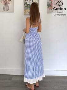 Siren Gaze 格子蓝白荷叶边下摆优雅夏季吊带裙女装 2025，二合一长款太阳裙，前扣和蝴蝶结肩带，蓝色格子连衣裙，蓝白相间的连衣裙，女式夏季连衣裙，沙滩裙，格子连衣裙 - 藍白色 - 查看 4