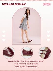 CUCCOO DOLLMOD Zapatos planos de estilo "Mary Jane" de mujer de moda con decoración de hebilla, punta cuadrada, color burdeos, ideales para el Día de San Valentín, vacaciones de verano, vuelta al cole, estudiantes universitarios y Navidad/Otoño BURDEOS "Mary Jane" Año Nuevo