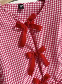 Comfortcana Plus Size Women's Summer Casual Plaid Printed Puff Sleeve Bowknot Peplum Top