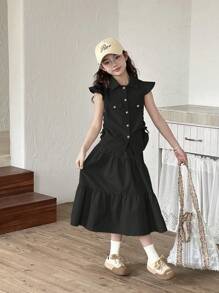 SHEIN Genkimix Kids Conjunto de 2 piezas para niñas con top tipo chaleco elegante y falda con volantes asimétricos en el bajo
