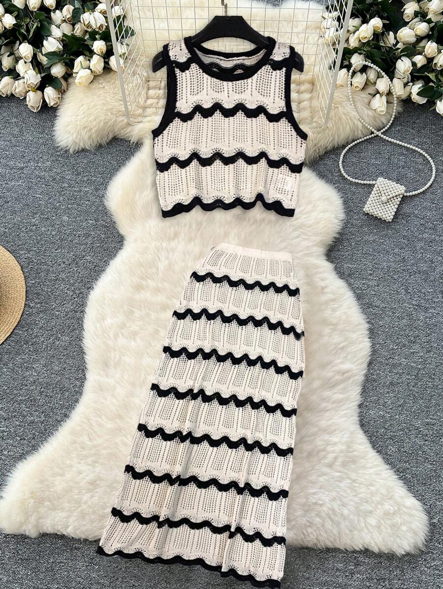 INAWLY 2pcs/Set Women Striped Round Neck Sleeveless Knit Top And Knit Mini Skirt - Multicolor - View 1