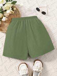 女童纽扣装饰休闲短裤，适合外出聚会，夏季 - 軍綠色 - 查看 3