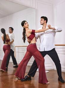 Menodora SHEIN Sport 女士简约纯色前扭短袖运动文胸 - 酒紅色 - 查看 6