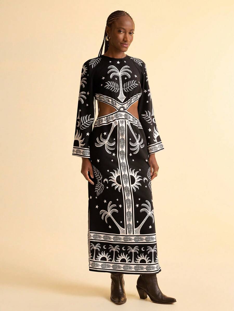CAJUNI Women's Vacation Boho Black & White Coconut Tree, Sun, Palm Leaf Tropical Plant Print V-Neck Hollow Out Waisted Long Vacation Style Maxi Dress - Multicolor - View 1