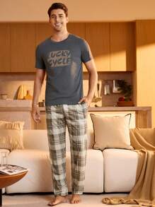 Manfinity Underwear&Sleepwear Basics Conjunto de pijama casual de manga corta de cuello redondo con estampado de letras para hombres, ropa de casa de verano