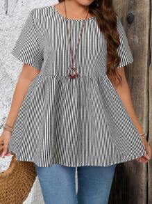 EMERY ROSE Blusa holgada de manga corta con cuello redondo y estampado de rayas, adecuada para verano, blusa de verano de talla grande, regalo para la madre, estilo bohemio, primavera, rave, campo - Blanco y Negro - Ver 6