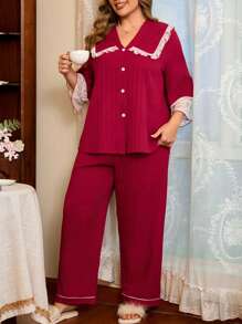 Plus Size Women Elegant French Style Lace Patchwork Contrast Color Loose Top & Pants Pajama Set, Fall Clothes, Cozy Outfit, For Christmas