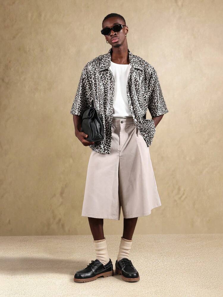 Leopard Print Short Sleeve Boxy Oversized Button Down Shirt