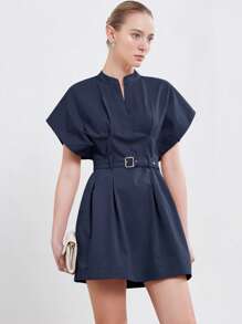 Aveloria Modichic New Fashion Simple & Elegant High-Quality Commuting Women's Stand Collar Round Neck Loose Cap Sleeve Ruched Tie-Waist A-Line Mini Dress