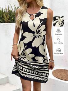 SHEIN LUNE 1pc Women's Casual Sleeveless Patterned Short Vacation Dress Summer Outfits For Women Summer Dresses For Women Vacation Outfits Woman Vacation Outfits Women Vacation Dress Boho Women's Clothing Dresses For Women Strapless Dress,Shirt Dresses For Women,Bohemian Clothes