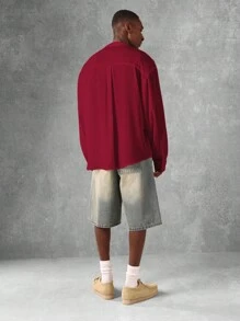 SUMWON 缺口翻领纽扣宽松长袖轻薄秋冬春季休闲商务办公室正装工作休闲衬衫 - 酒紅色 - 查看 5